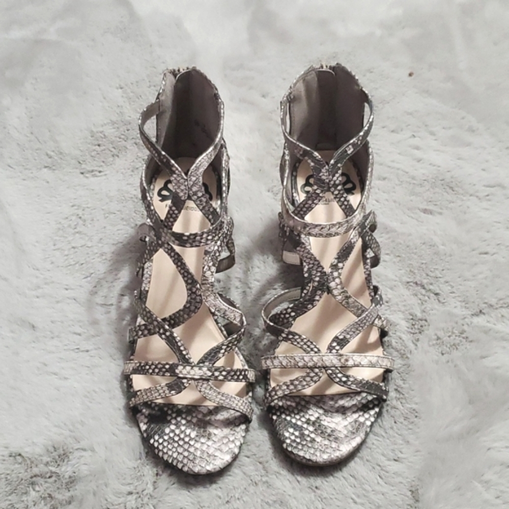 Fergalicious strappy block heels snake print sandals